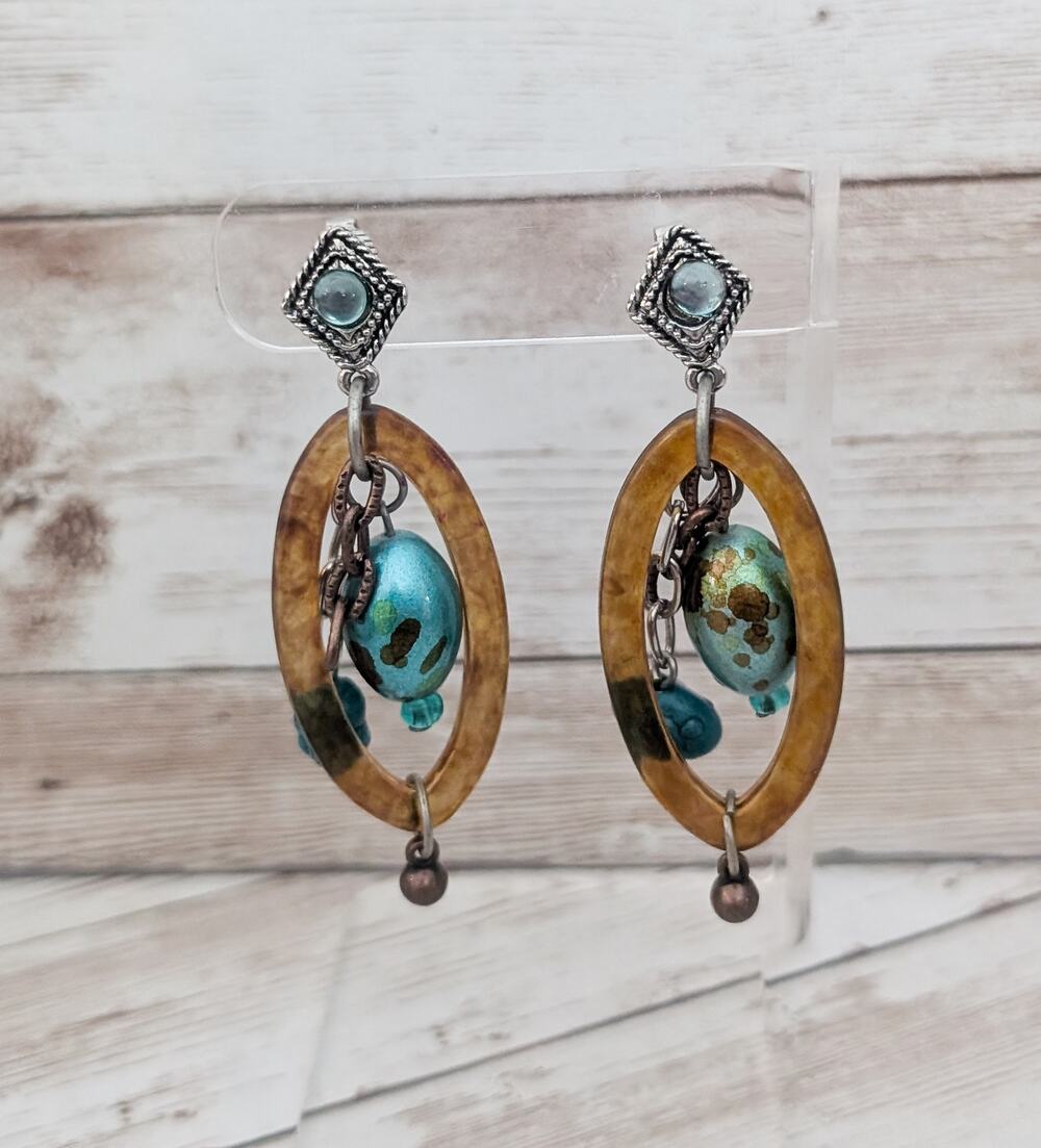 Vintage Clip On Earrings Blue, Brown, Silver Tone Large Statement Dangle